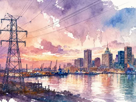 Constellation Energy Aquarell US21037T1097 zeigt Baltimore Hafenskyline mit großen Hochspannungsmasten bei Abenddämmerung - Foto: THN