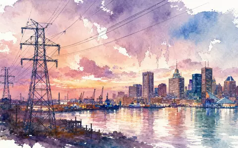 Constellation Energy Aquarell US21037T1097 zeigt Baltimore Hafenskyline mit großen Hochspannungsmasten bei Abenddämmerung - Foto: THN