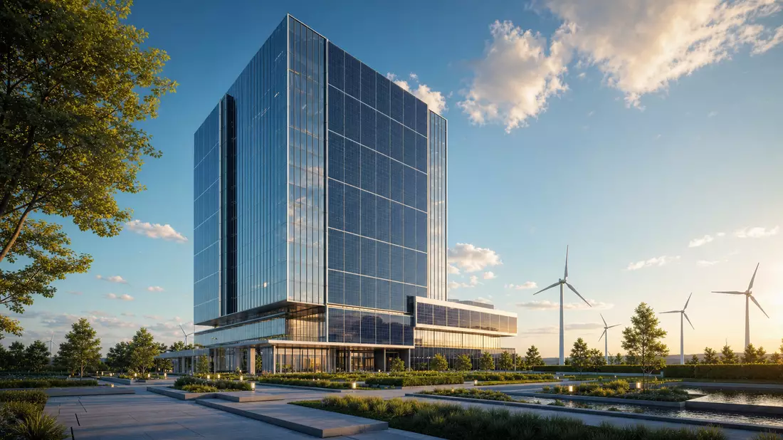 Architektur-CGI-Render eines modernen Energiefirmen-Hochhauses mit Solarfassade