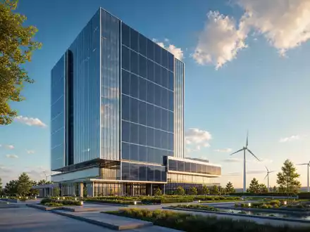 Constellation Energy Hauptquartier US21037T1097 als CGI Render mit Solarfassade und Windturbinen im Hintergrund - Foto: THN