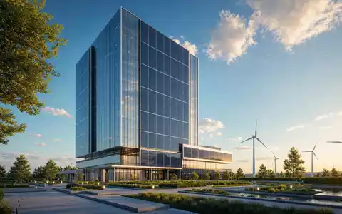 Constellation Energy Hauptquartier US21037T1097 als CGI Render mit Solarfassade und Windturbinen im Hintergrund - Foto: THN