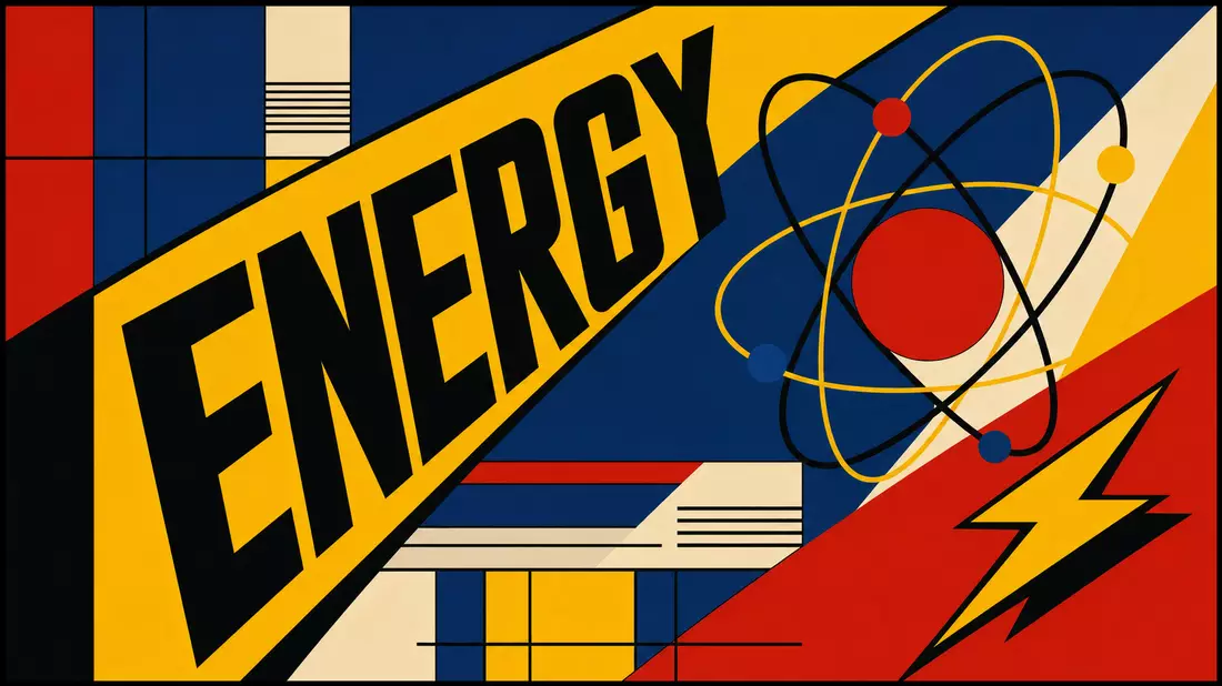 Bauhaus-Geometrieposter mit ENERGY-Schriftzug, Atomsymbol und Blitz in Primärfarben