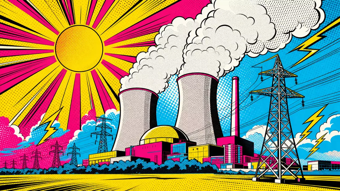 Pop-Art-Comic-Illustration eines Kernkraftwerks mit Blitzen und Halbtondot-Muster in Signalfarben
