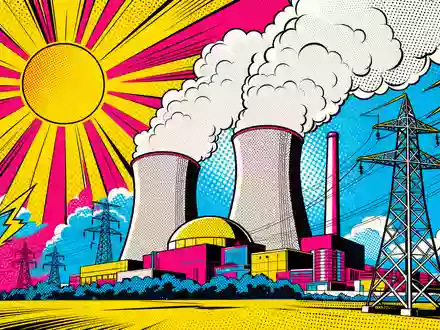 Constellation Energy Pop Art US21037T1097 zeigt buntes Comic Kernkraftwerk mit Kühltürmen und Halbtonpunkten - Foto: THN