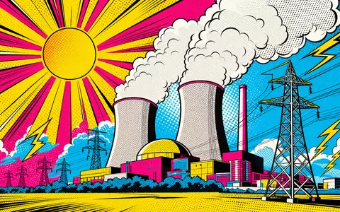 Constellation Energy Pop Art US21037T1097 zeigt buntes Comic Kernkraftwerk mit Kühltürmen und Halbtonpunkten - Foto: THN
