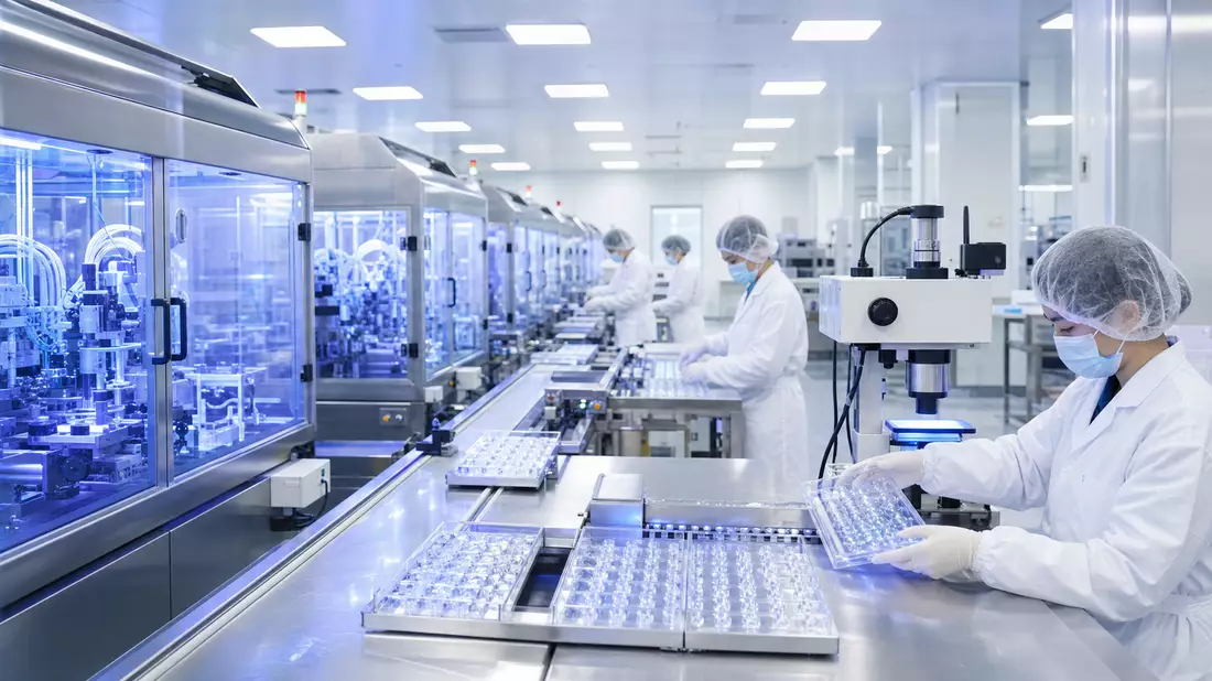 Reinraum-Produktionsanlage für medizinische Geräte mit Technikern an Kontaktlinsen-Fertigungslinien