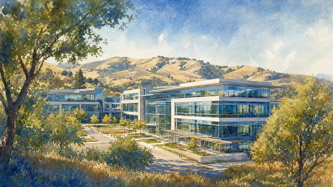Aquarell-Darstellung eines modernen Bürocampus in San Ramon mit Hügeln und Glasfassaden
