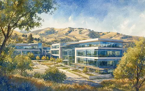CooperCompanies Hauptsitz US21664P1039 als Aquarell-Illustration mit modernem Glasgebäude und californischen Hügeln im goldenen Nachmittagslicht - Foto: THN