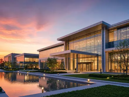 CooperCompanies Unternehmensgebäude US21664P1039 als modernes CGI-Architektur-Render mit Glasfassade bei Abenddämmerung und reflektierendem Spiegelteich - Foto: THN