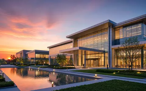 CooperCompanies Unternehmensgebäude US21664P1039 als modernes CGI-Architektur-Render mit Glasfassade bei Abenddämmerung und reflektierendem Spiegelteich - Foto: THN
