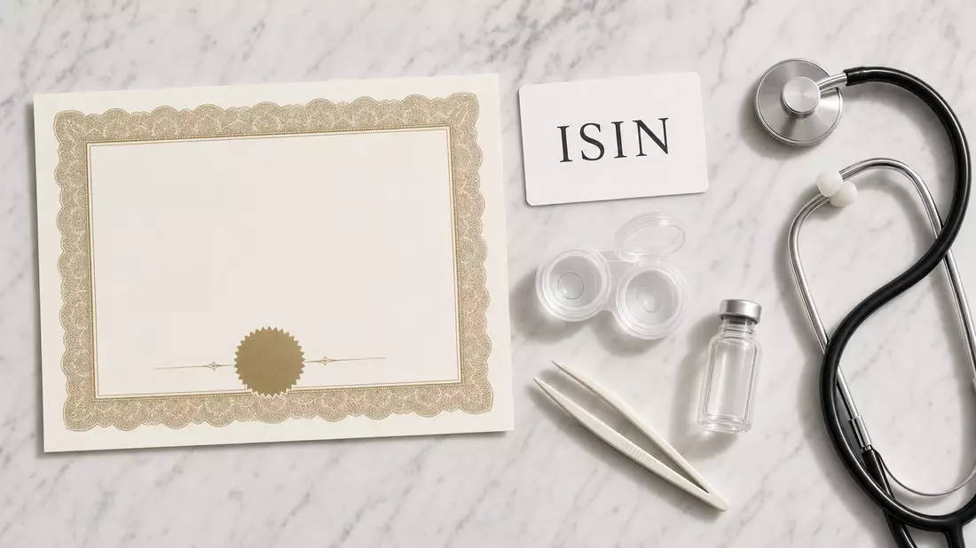 Draufsicht-Flatlay auf Marmor mit Aktienzertifikat, ISIN-Karte, Kontaktlinsenbehälter und Stethoskop