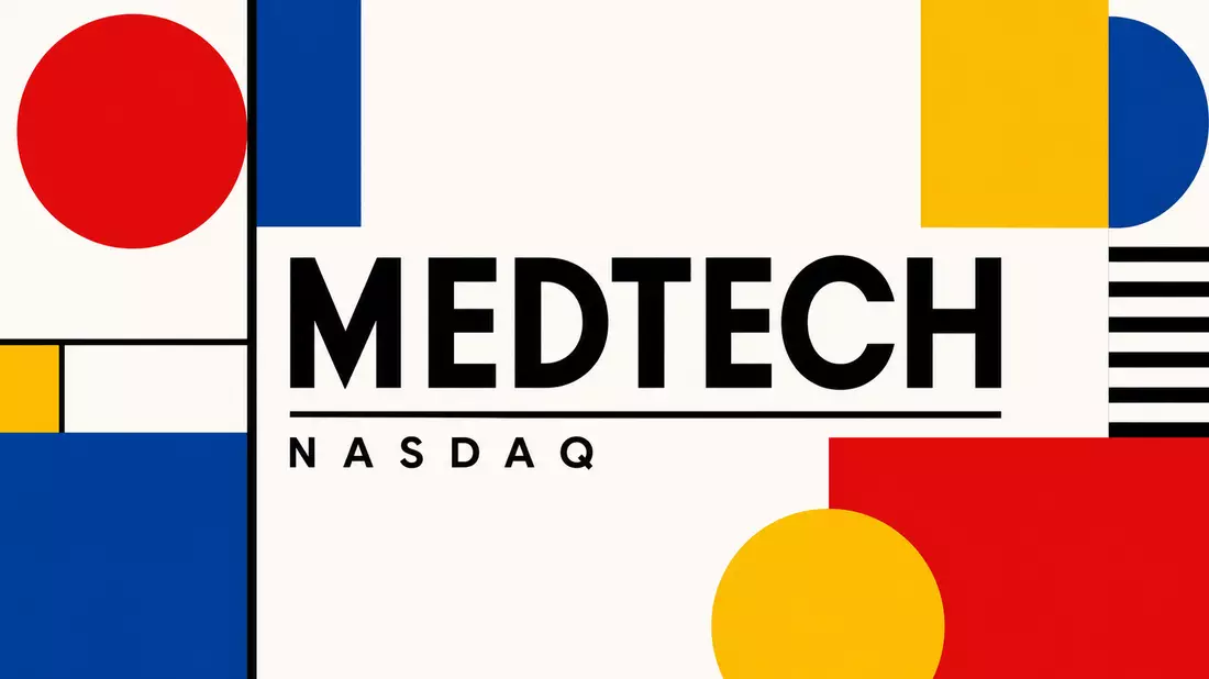 Bauhaus-Poster mit geometrischen Formen und den Texten MEDTECH und NASDAQ in Primärfarben