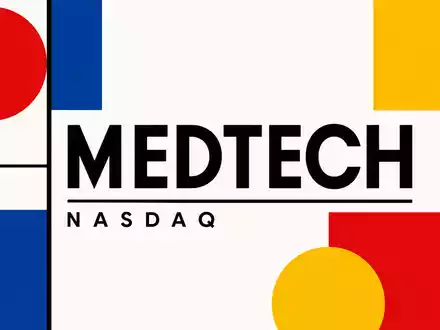 CooperCompanies Medizintechnik US21664P1039 als Bauhaus-Poster mit geometrischen Primärfarben und zentralem MEDTECH NASDAQ Schriftzug - Foto: THN