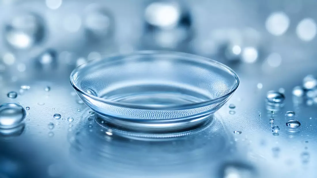 Extreme Makroaufnahme einer transparenten Hydrogel-Kontaktlinse mit Wassertropfen-Bokeh-Hintergrund