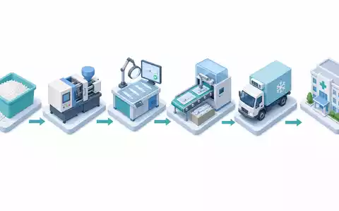 CooperCompanies Wertschöpfungskette US21664P1039 als isometrisches 3D-Prozessdiagramm von Polymergranulat über Formgebung bis zur Krankenhauslieferung - Foto: THN