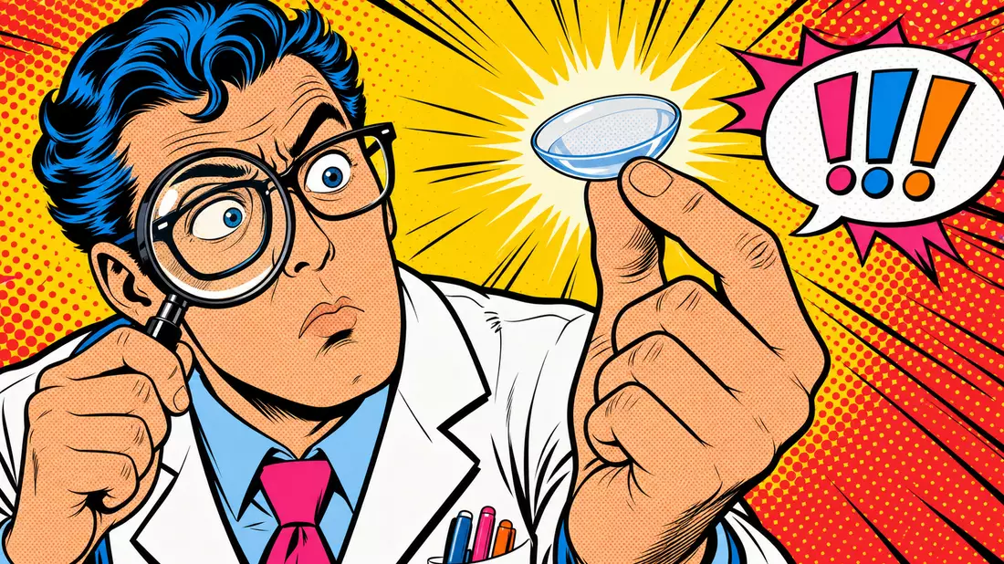 Pop-Art-Comic eines Wissenschaftlers im Laborkittel der eine leuchtende Kontaktlinse mit Lupe begutachtet