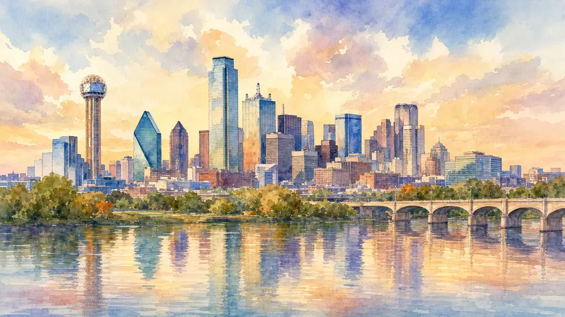 Aquarellmalerei der Dallas-Skyline, Heimatstadt von Copart Inc