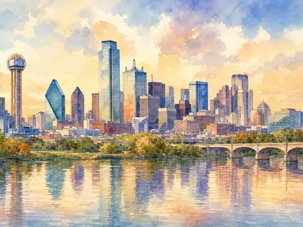 Copart Inc. Aquarell der Dallas-Skyline als Unternehmenssitz mit Flussreflexionen und warmem Licht US2172041061 - Foto: THN