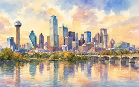 Copart Inc. Aquarell der Dallas-Skyline als Unternehmenssitz mit Flussreflexionen und warmem Licht US2172041061 - Foto: THN