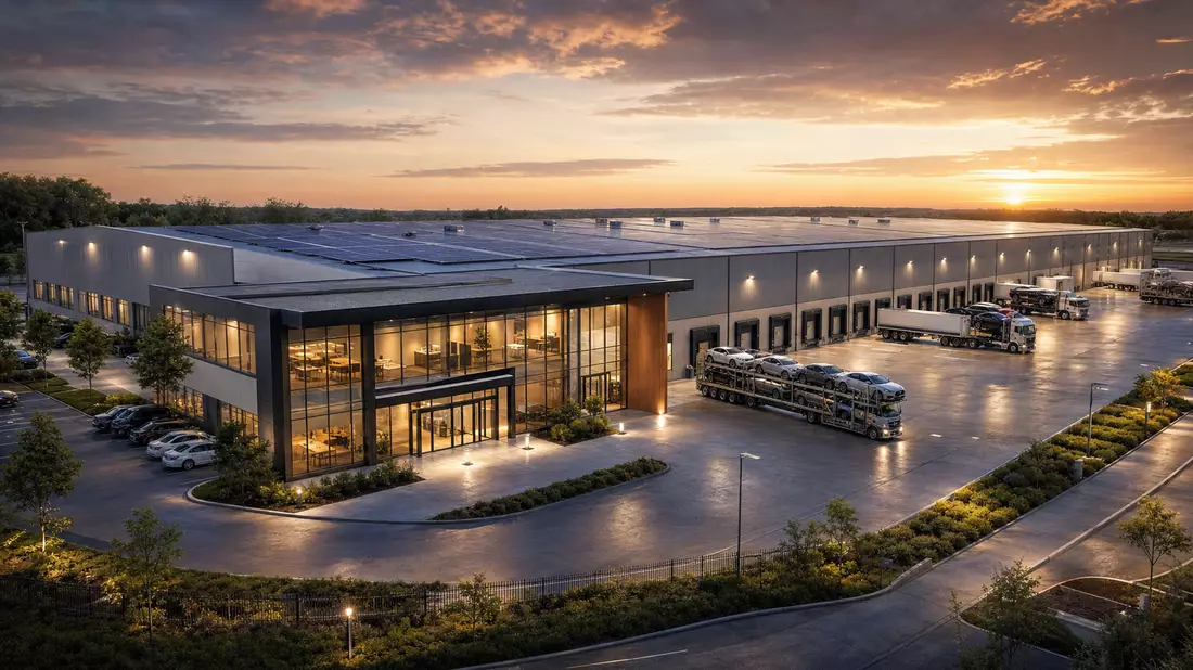 Architektur-Render eines modernen Fahrzeuglogistikzentrums im Abendlicht