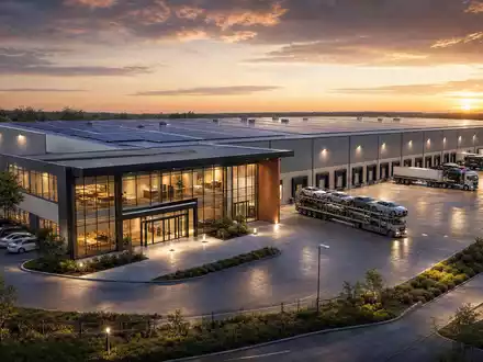 Copart Inc. modernes Fahrzeuglogistikzentrum als 3D-Architekturrender bei AbenddĂ€mmerung mit groĂer Solaranlage US2172041061 - Foto: THN