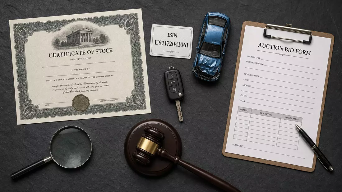 Flatlay mit Aktienzertifikat, ISIN-Karte US2172041061, Spielzeugauto und Auktionsgabel