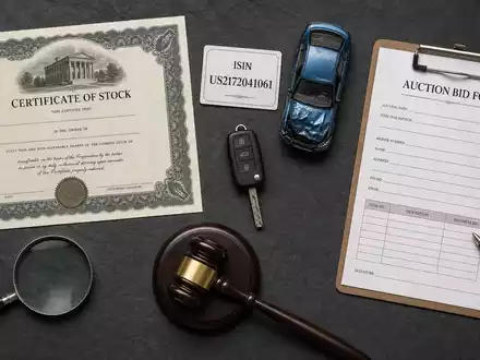 Copart Inc. Flatlay mit Aktienzertifikat und ISIN-Karte US2172041061 Spielzeugauto Auktionsgabel und Autoschlüssel - Foto: THN