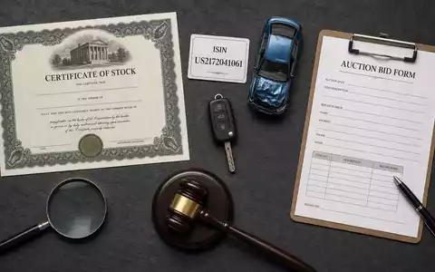 Copart Inc. Flatlay mit Aktienzertifikat und ISIN-Karte US2172041061 Spielzeugauto Auktionsgabel und Autoschlüssel - Foto: THN