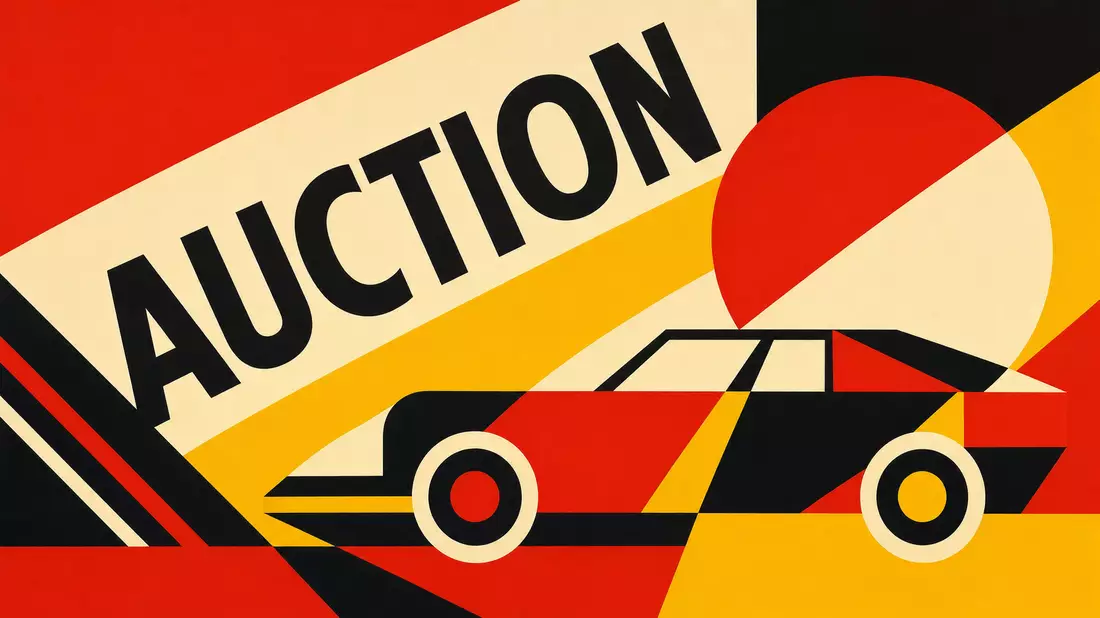 Bauhaus-Poster im konstruktivistischen Stil mit geometrischen Formen und AUCTION-Text