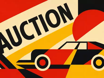 Copart Inc. Bauhaus-Poster mit geometrischem AUCTION-Schriftzug und abstraktem Autosilhouette-Motiv in Primärfarben US2172041061 - Foto: THN