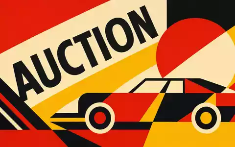 Copart Inc. Bauhaus-Poster mit geometrischem AUCTION-Schriftzug und abstraktem Autosilhouette-Motiv in Primärfarben US2172041061 - Foto: THN