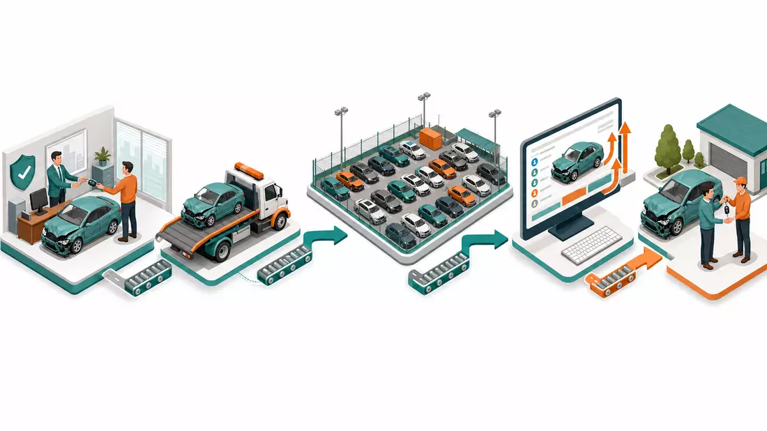 Isometrisches 3D-Infografik der Copart-Wertschöpfungskette von Versicherung bis Käufer