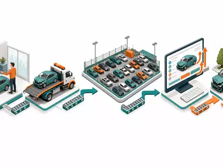 Copart Inc. isometrisches 3D-Diagramm illustriert Wertschöpfungskette der Fahrzeugauktion Prozessschritte Versicherung Lager Bieter US2172041061 - Foto: THN