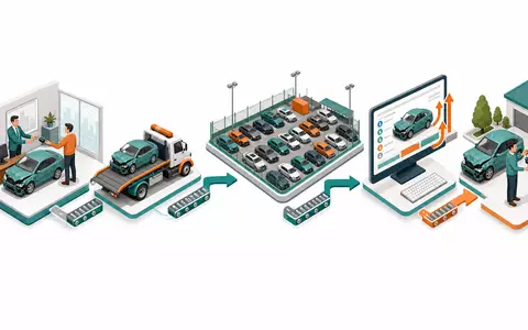 Copart Inc. isometrisches 3D-Diagramm illustriert Wertschöpfungskette der Fahrzeugauktion Prozessschritte Versicherung Lager Bieter US2172041061 - Foto: THN
