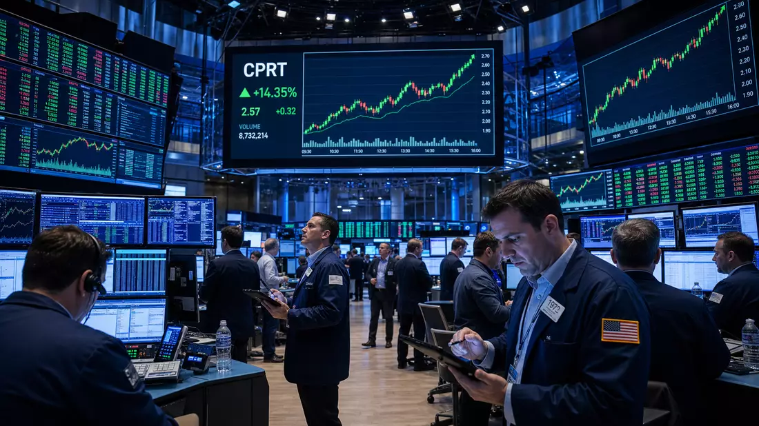 NASDAQ-Handelssaal mit CPRT-Ticker und Händlern an Bildschirmen im Blaulicht