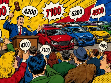 Copart Inc. Pop-Art-Comic zeigt farbige Fahrzeugauktionsszene mit lautem Auktionator und Bietern US2172041061 - Foto: THN