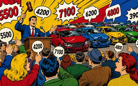 Copart Inc. Pop-Art-Comic zeigt farbige Fahrzeugauktionsszene mit lautem Auktionator und Bietern US2172041061 - Foto: THN