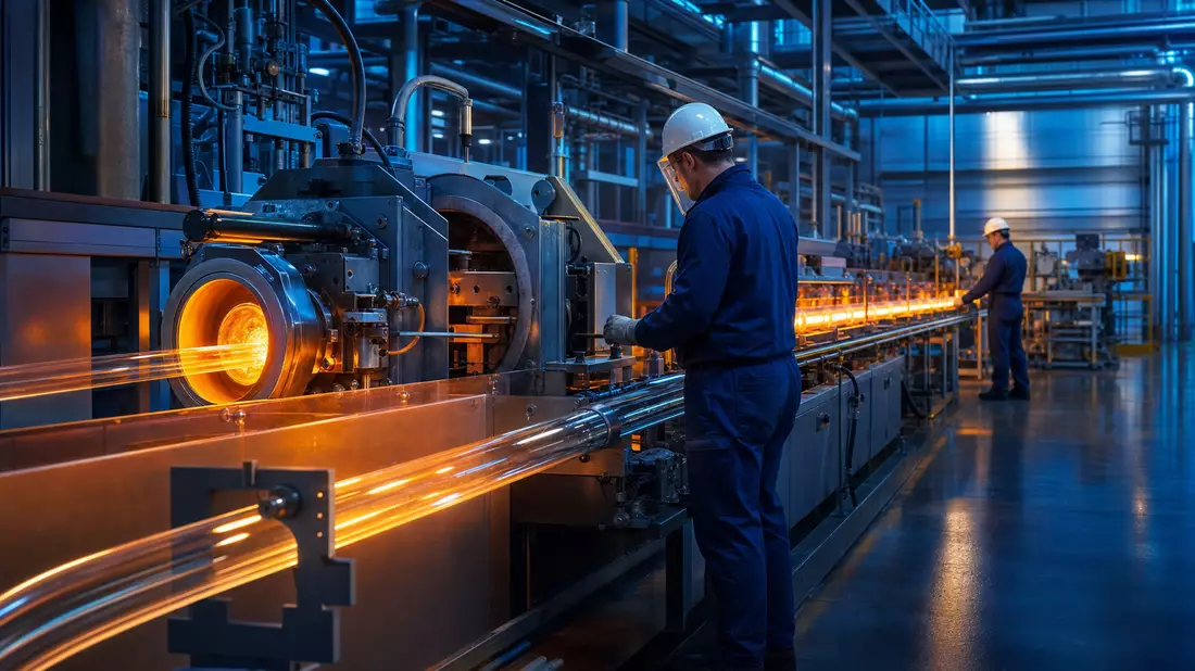 Fotorealistische Glasfabrik mit Arbeitern und leuchtenden Optikfasern