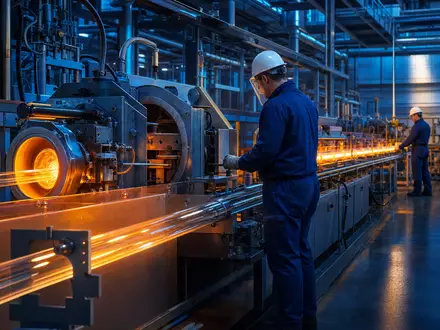 Corning Inc. Glasfaserproduktion US2193501051 – Arbeiter überwachen glühende Optikfasern in moderner Fabrikhalle - Foto: THN