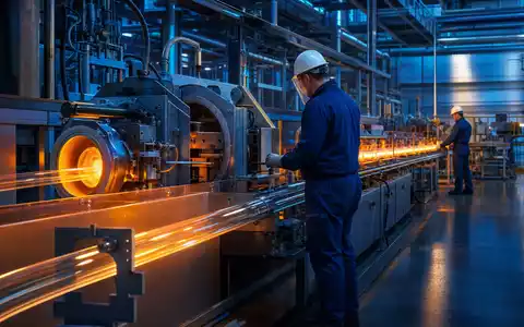 Corning Inc. Glasfaserproduktion US2193501051 – Arbeiter überwachen glühende Optikfasern in moderner Fabrikhalle - Foto: THN