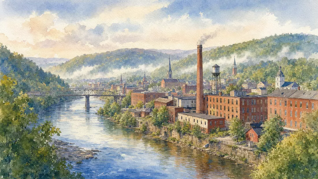 Aquarellmalerei einer amerikanischen Industriestadt im Flusstal