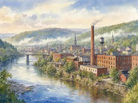 Corning Inc. Unternehmensstandort US2193501051 – Aquarellansicht einer Industriestadt im Flusstal mit Fabrikgebäuden - Foto: THN
