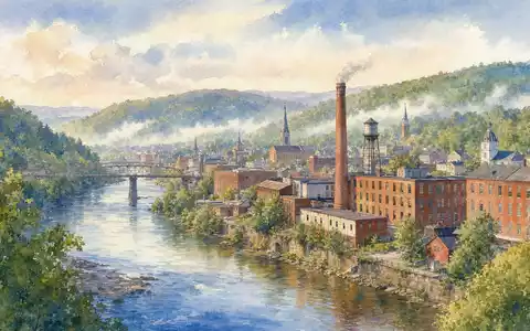 Corning Inc. Unternehmensstandort US2193501051 – Aquarellansicht einer Industriestadt im Flusstal mit Fabrikgebäuden - Foto: THN
