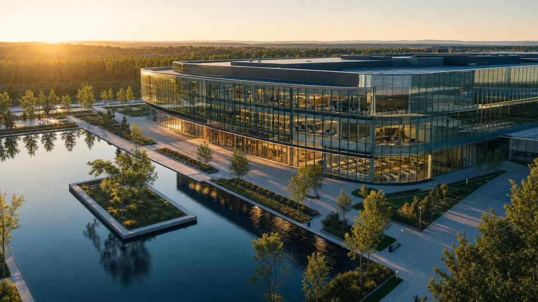 Architektur-Render eines Technologiegebäudes mit Glasfassade bei Sonnenuntergang