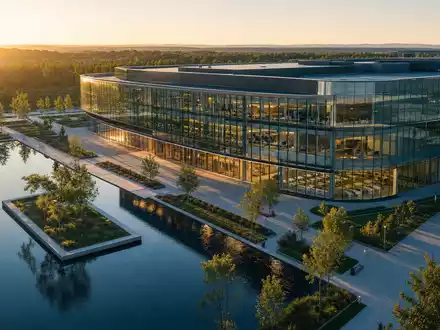 Corning Inc. Technologiecampus US2193501051 – Modernes Glashochhaus mit geschwungener Fassade und Spiegelteich - Foto: THN