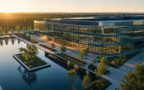 Corning Inc. Technologiecampus US2193501051 – Modernes Glashochhaus mit geschwungener Fassade und Spiegelteich - Foto: THN