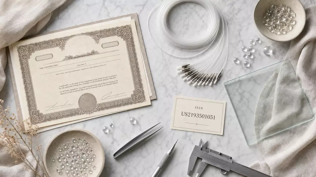 Flatlay mit Aktienzertifikat, ISIN-Karte US2193501051 und Glasfaserkabel