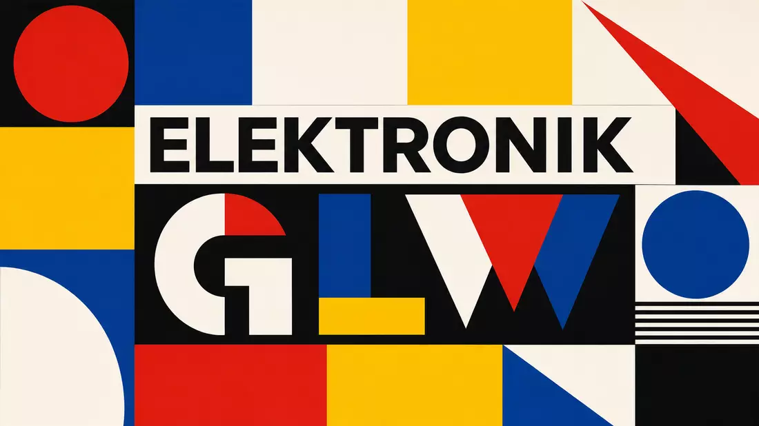Bauhaus-Poster mit ELEKTRONIK-Schrift und geometrischen Formen in Primärfarben