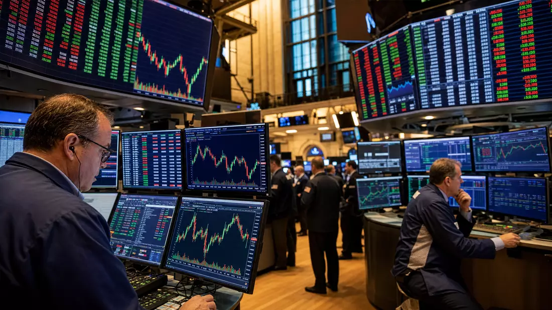 NYSE-Handelsparkett mit Händlern und Kursmonitoren für den Elektronikssektor
