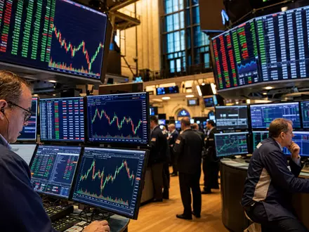 Corning Inc. NYSE-Handel US2193501051 – Händler an Computern mit Elektronik-Sektor-Charts auf mehreren Bildschirmen - Foto: THN